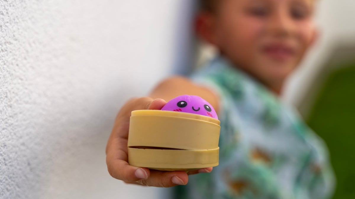 A child holding a kawaii squishy toy with a smiling purple character inside